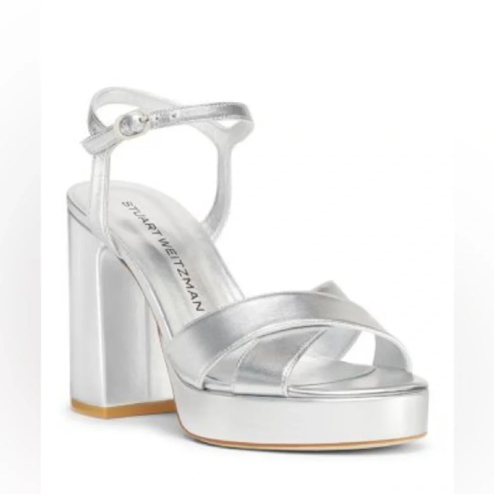 NEW STUART WEITZMAN DAYNA 100MM METALLIC LEATHER PLATFORM SANDALS IN SILVER 7.5 - Picture 5 of 11